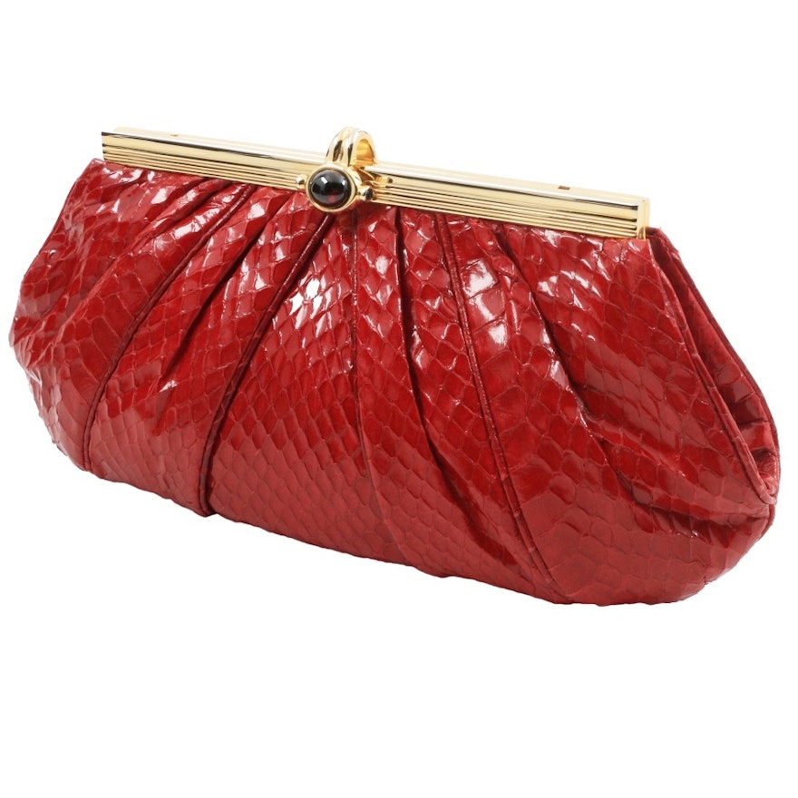 Judith Leiber Red Pleated Snakeskin Clutch