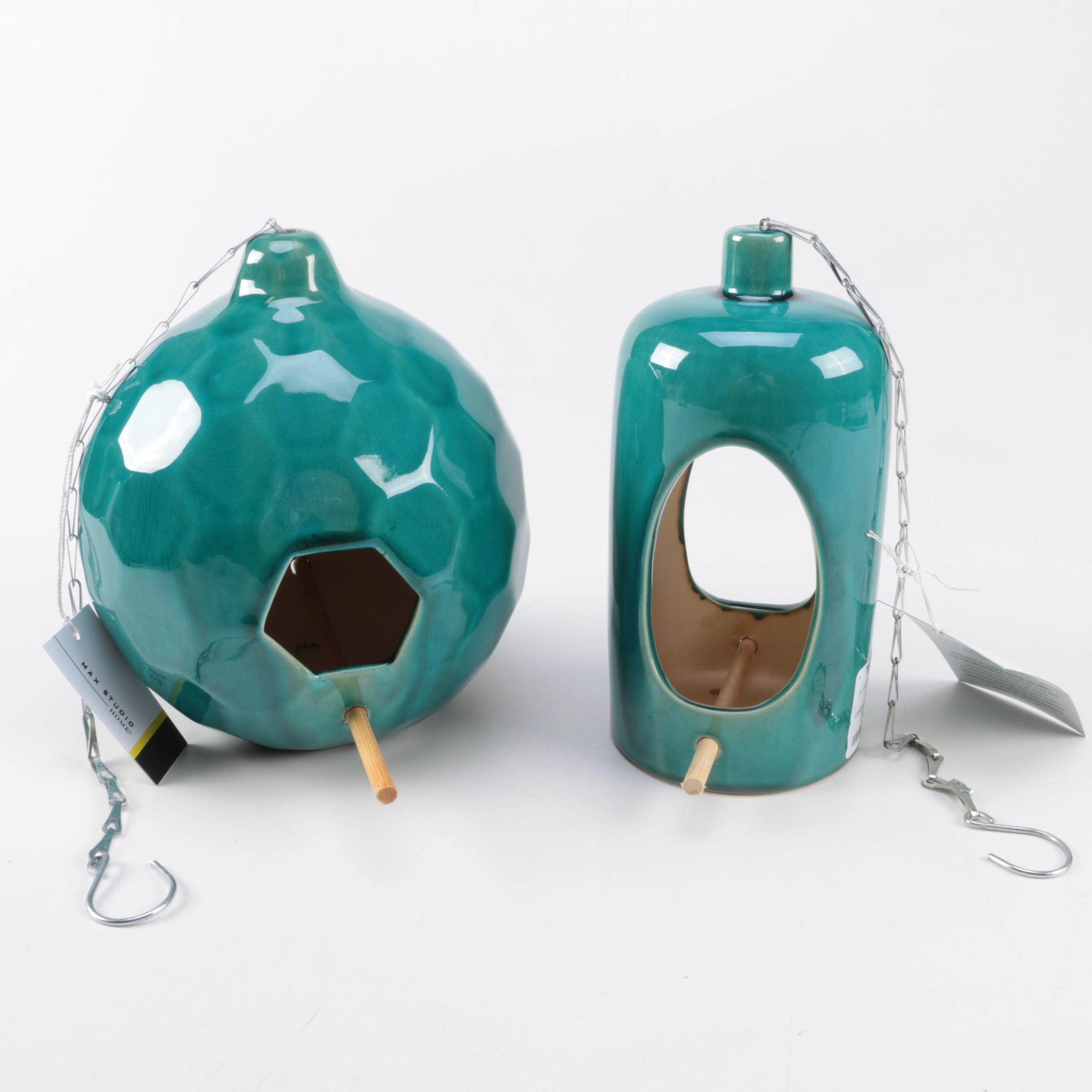 Pair Of Hanging Teal Ceramic Bird Feeders Ebth