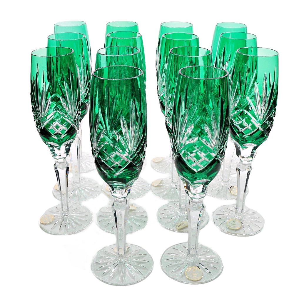 Fourteen Emerald Green Hungarian Crystal Champagne Flutes EBTH