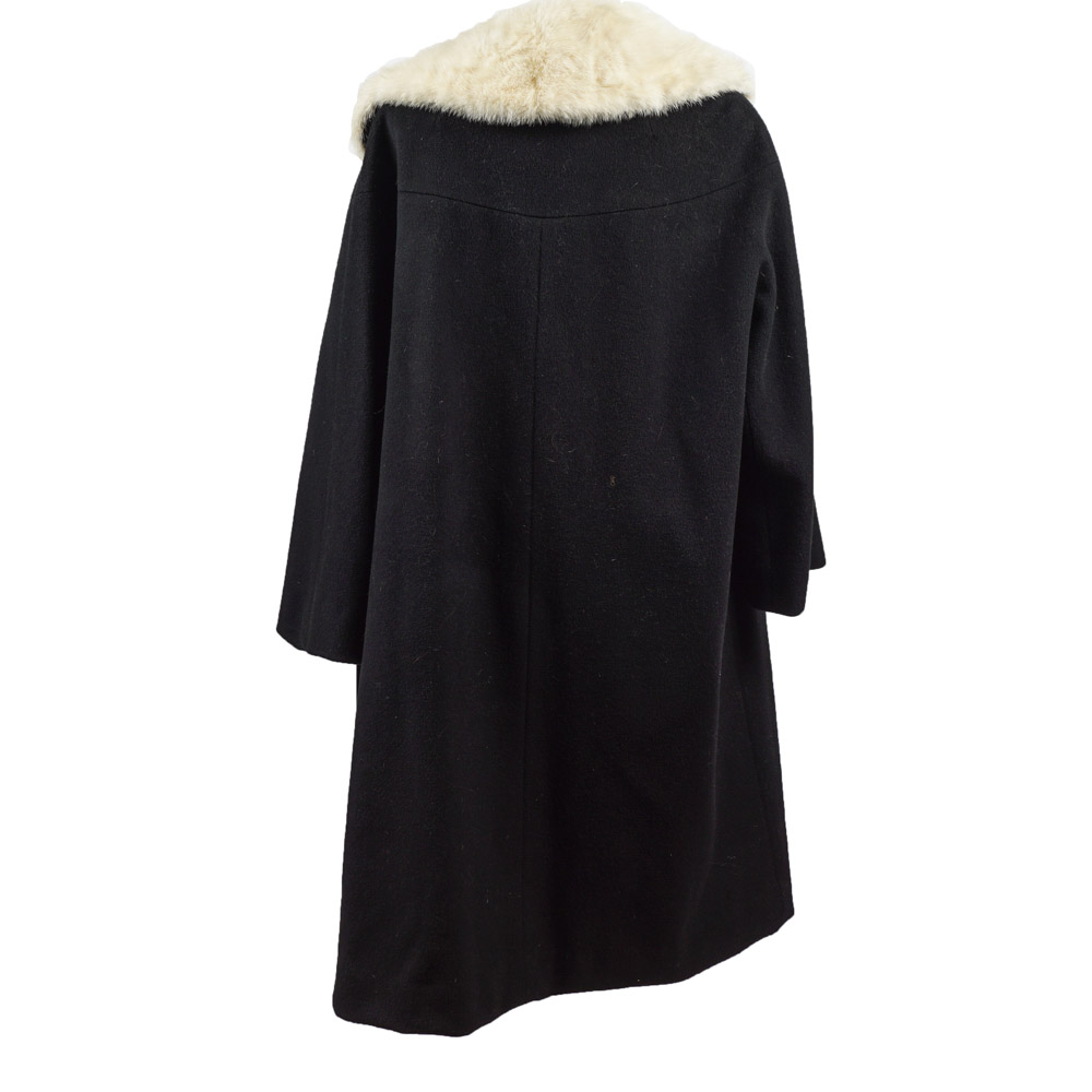 Vintage I. Magnin & Co. Black Wool Coat with Rabbit Fur Collar EBTH