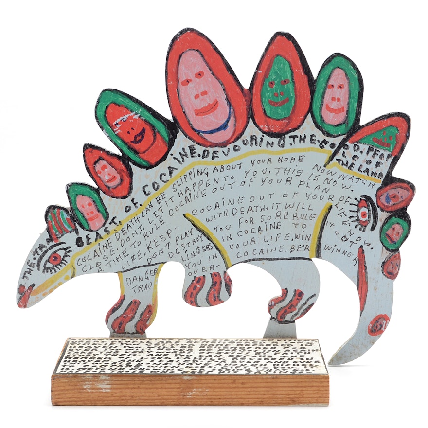 Howard Finster Oil and Marker on Shaped Wood Sculpture "Beast of Cocaine"