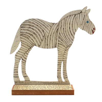 Howard Finster Oil and Marker on Shaped Wood Sculpture of a Zebra