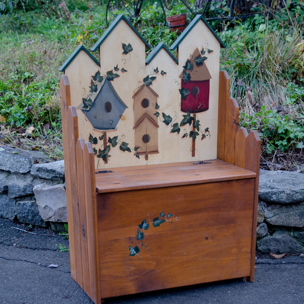 Decorative Wooden Storage Bench With Birdhouse Motif Ebth