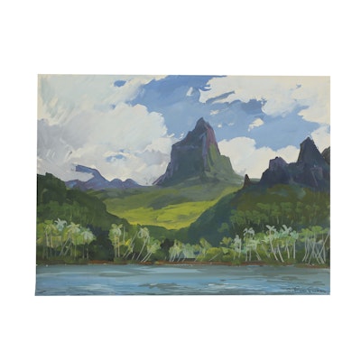 Ottmar Von Fuehrer Gouache Painting on Paper Coastal Landscape