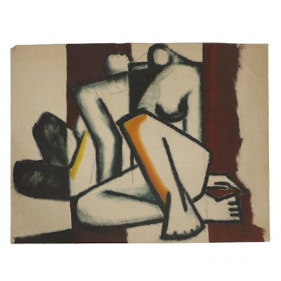 W. Glen Davis Gouache Painting on Paper Cubist Figure W. Glen Davis Gouache Painting on Paper Cubist Figure