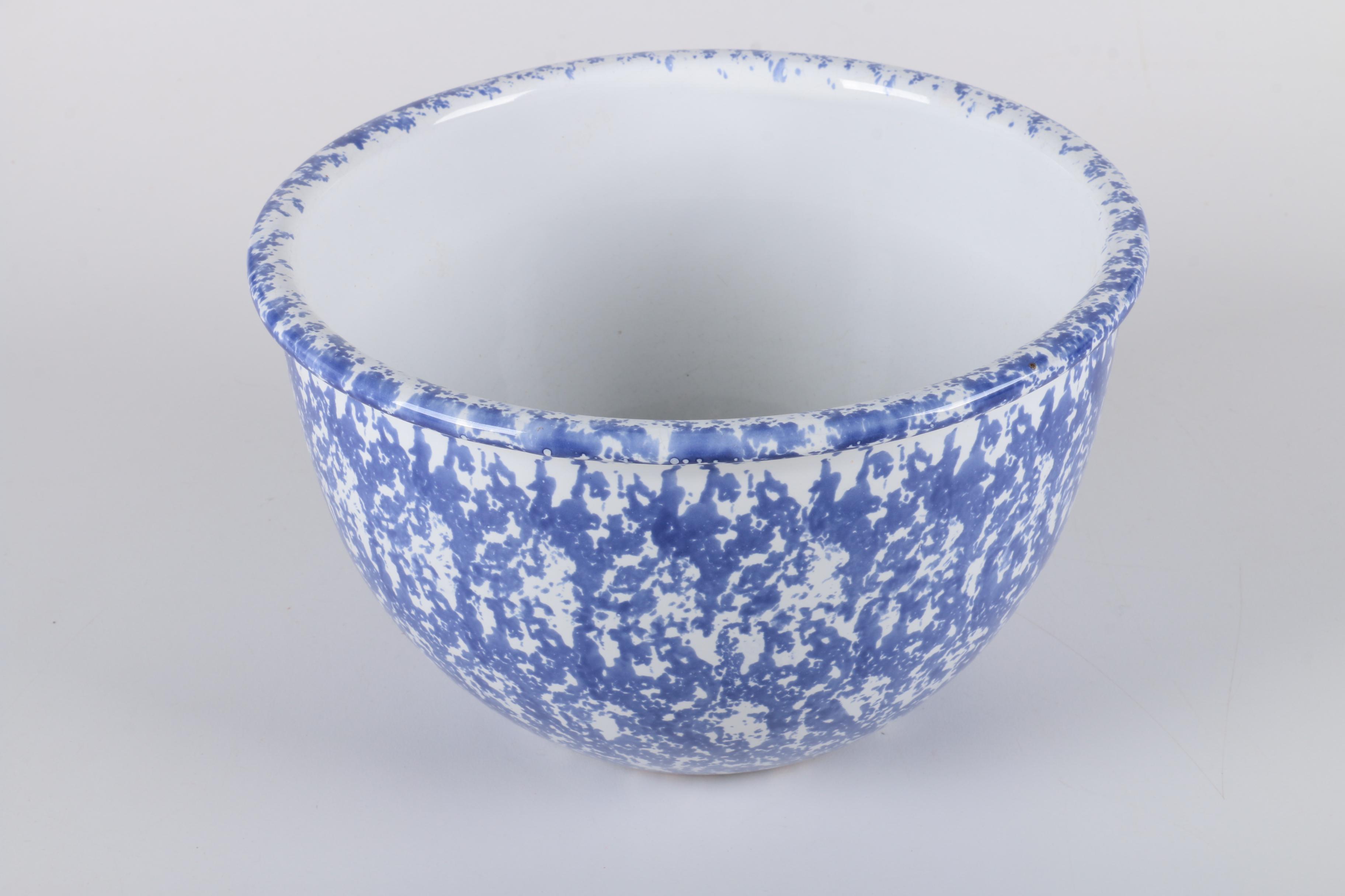 White and Blue Spongeware Ceramic Bowl and Pot EBTH