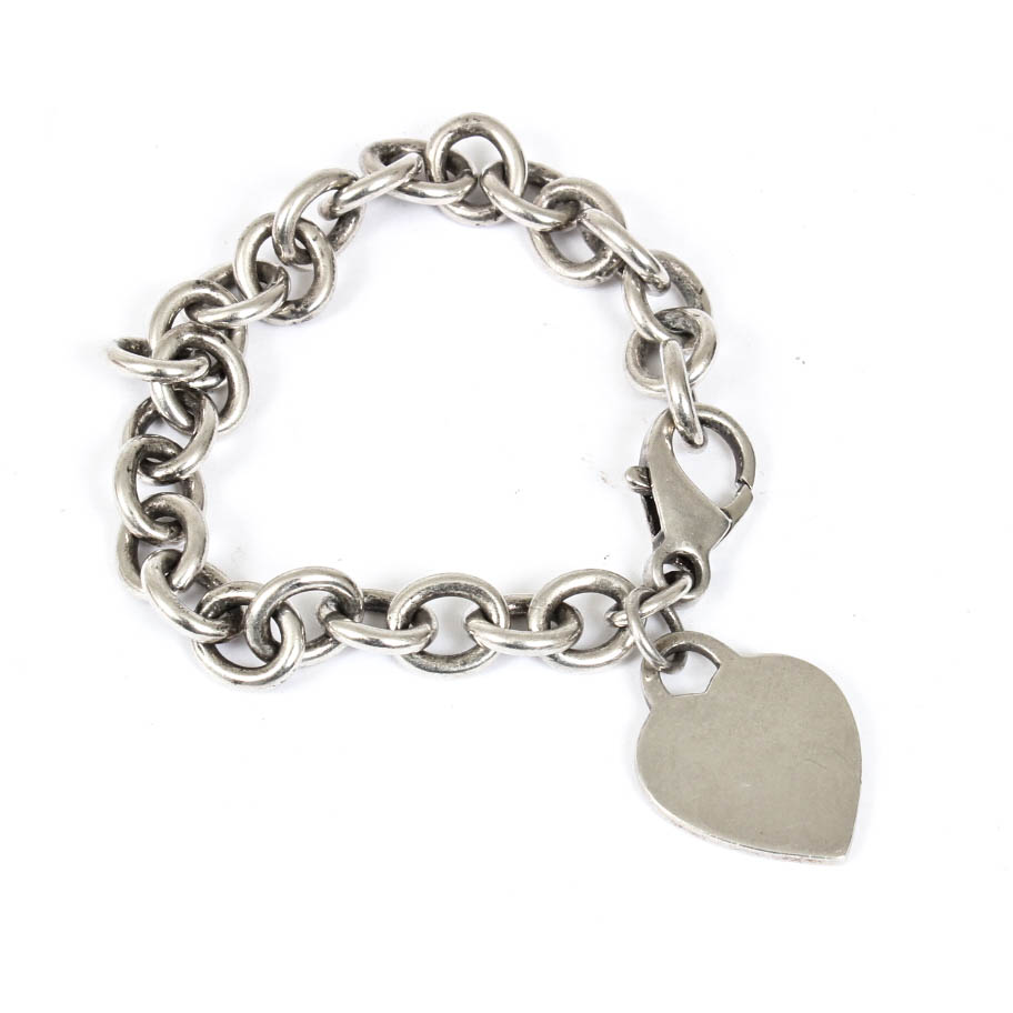 Sterling Silver Link Bracelet with Heart Charm EBTH
