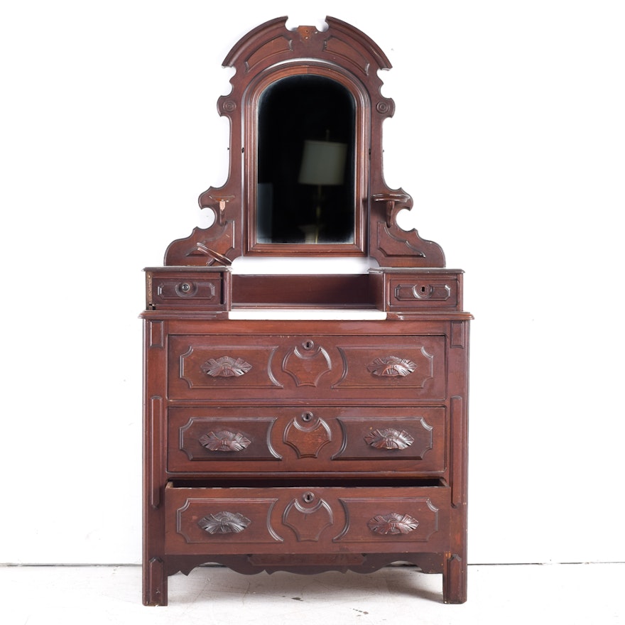 Antique Victorian Walnut Dresser With Mirror And Marble Top Ebth