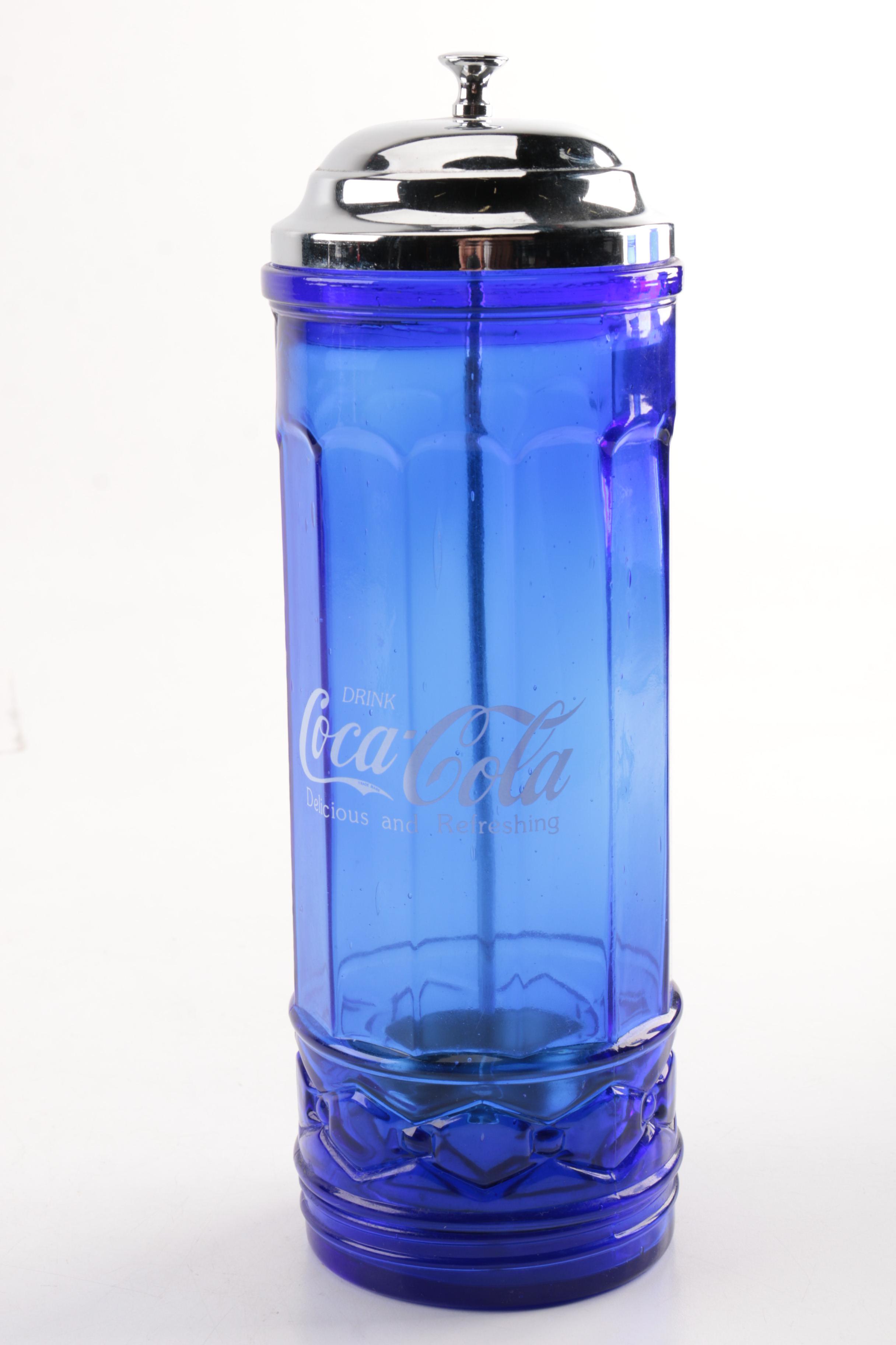Cobalt Glass CocaCola Straw Dispenser with Assorted Cobalt Glassware