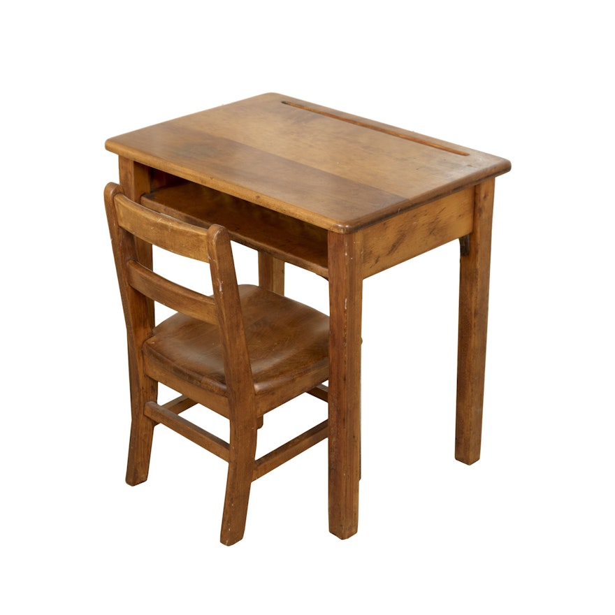 Vintage Childs Oak Chair And Desk From Allen Chair Corp Ebth