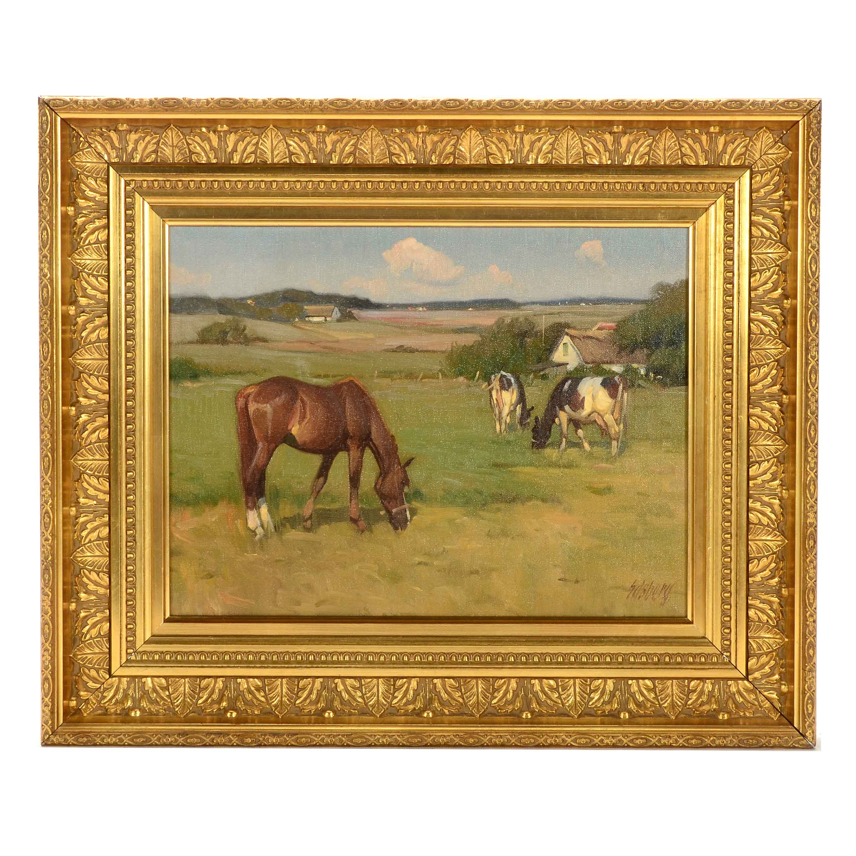 Knud Erik Edsberg Oil Painting on Canvas of a Horse and Cows in a ...