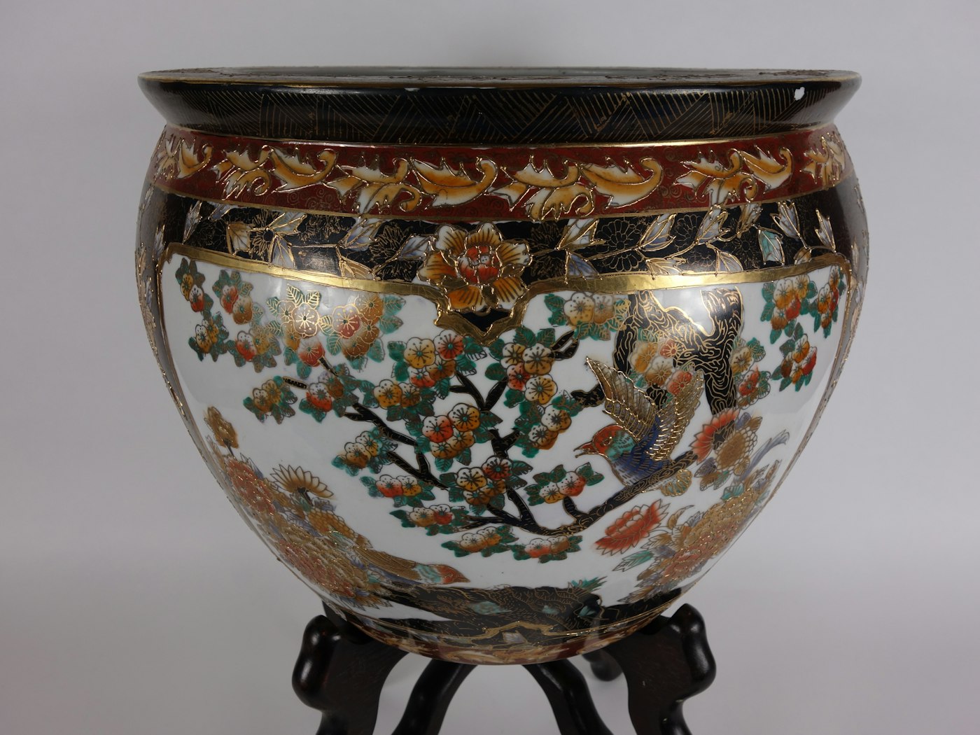 Vintage Asian Enameled Flower  Pot  on Stand EBTH