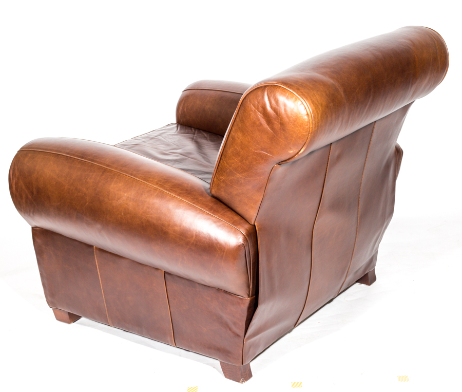 Pottery Barn Brown Leather Armchair Designed by Mitchell Gold and Bob