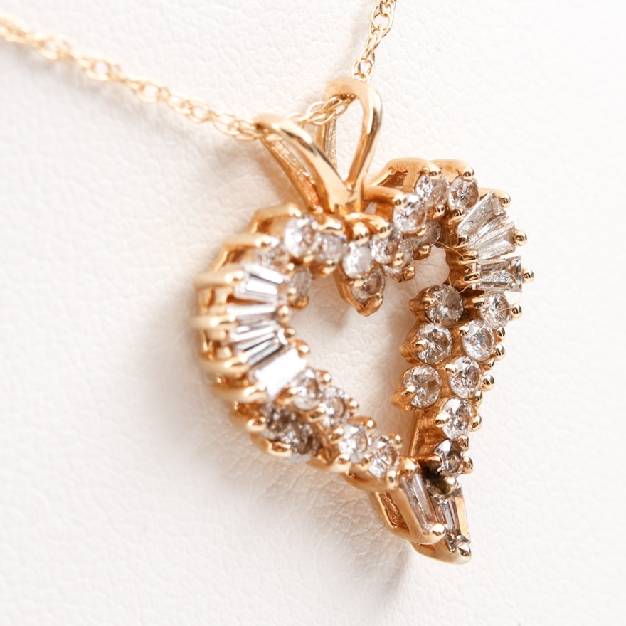 14K Yellow Gold 1.06 CTW Diamond Heart Pendant Necklace | EBTH