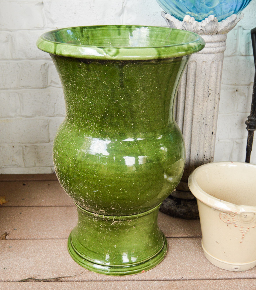Glazed Planters and Gazing Ball with Column Stand EBTH