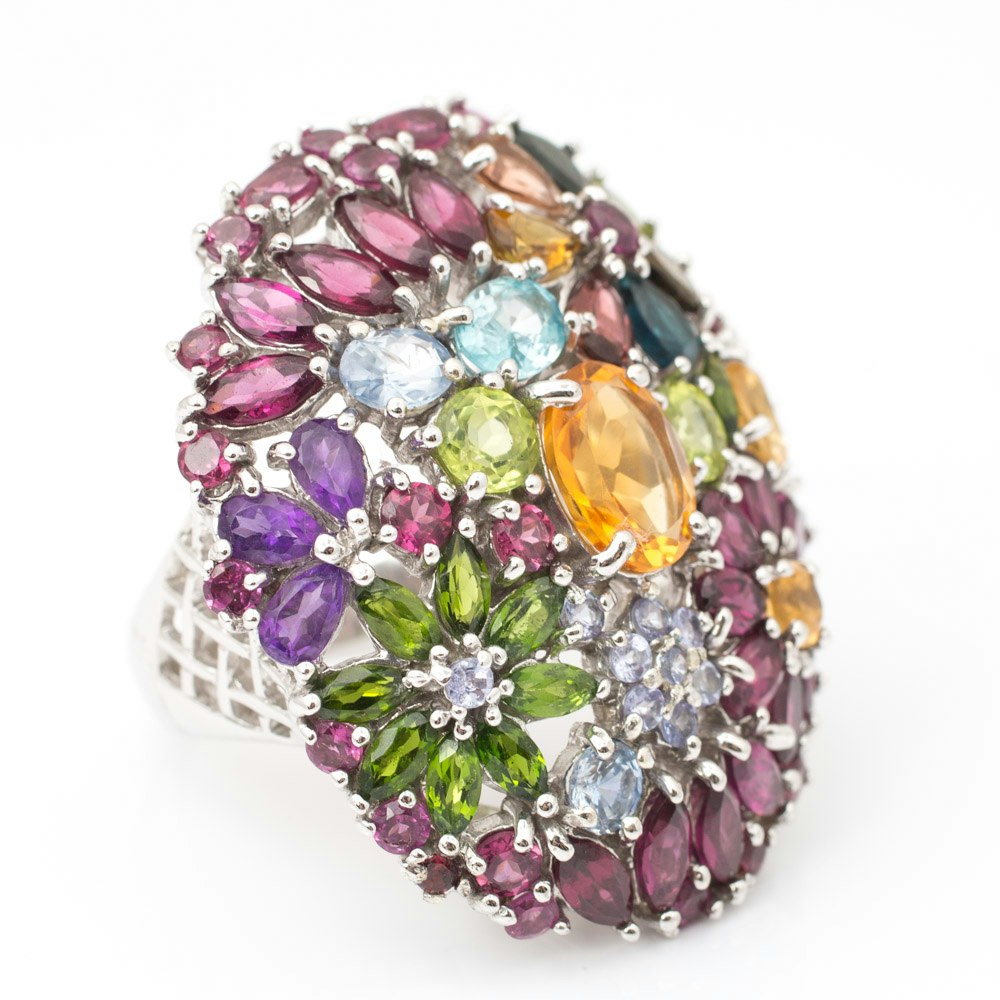 Sterling Silver Large 15.79 CTW Multi-Gemstone Flower Ring | EBTH