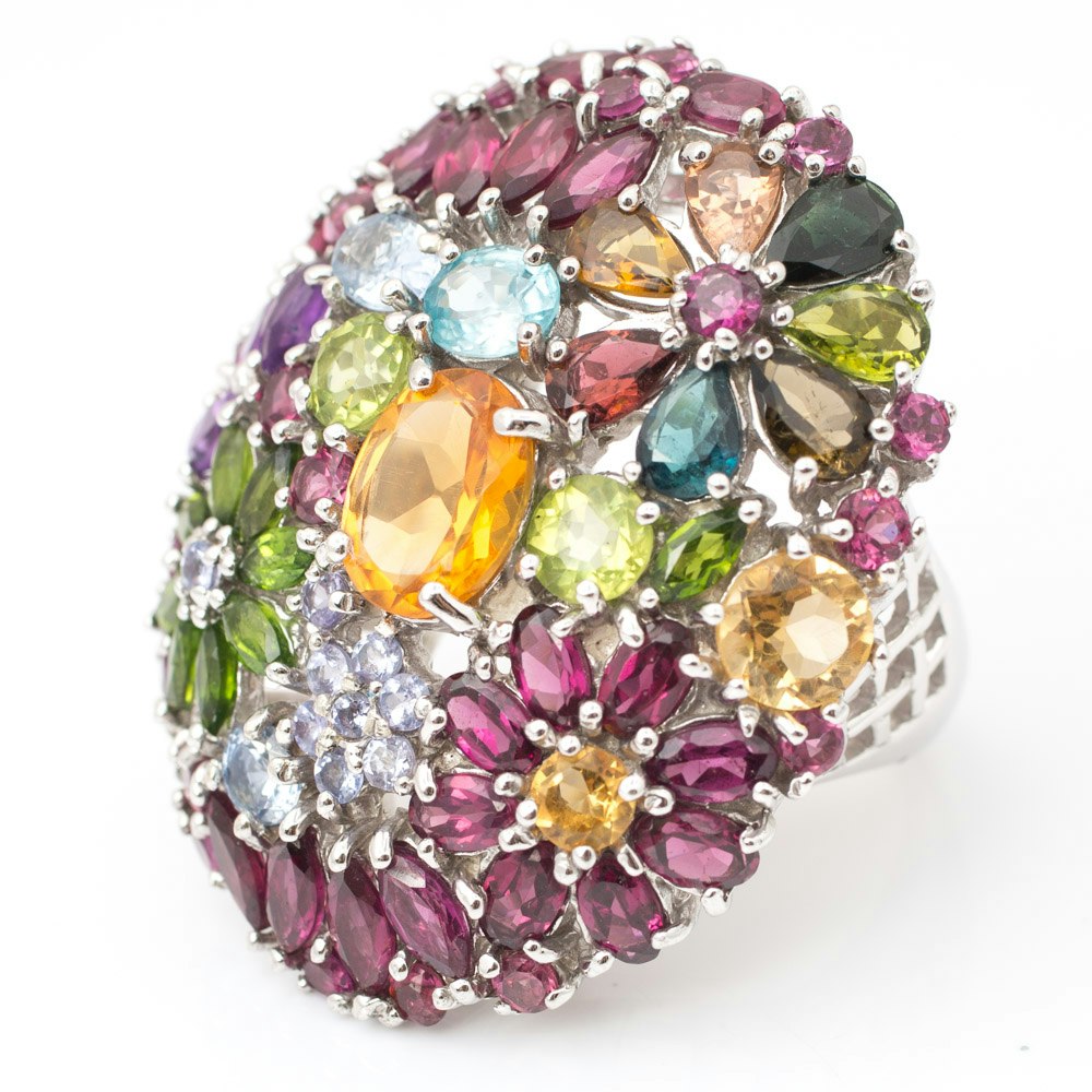 Sterling silver multi-gemstone flower ring