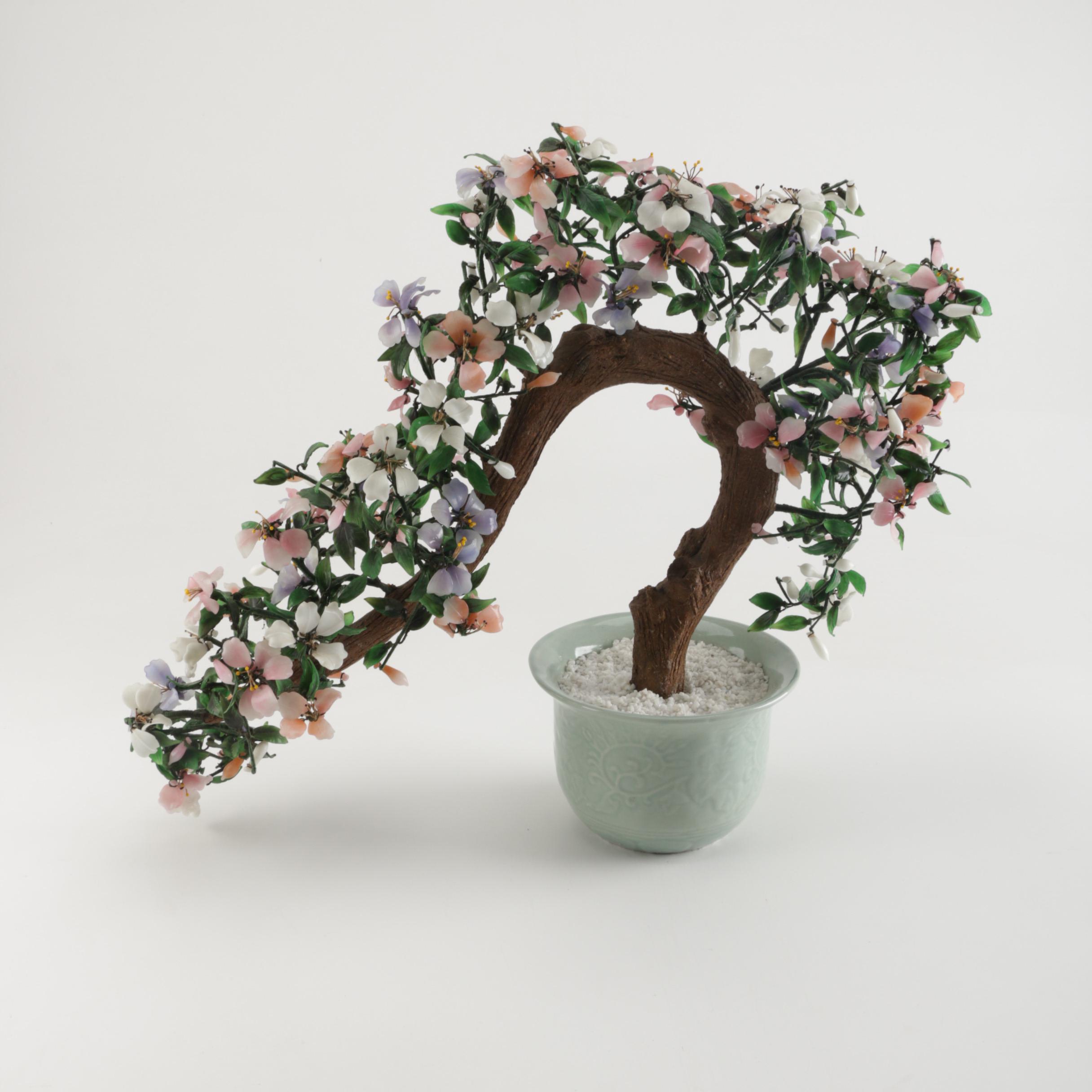 Chinese Glass Hardstone and Wood Faux Bonsai Tree | EBTH