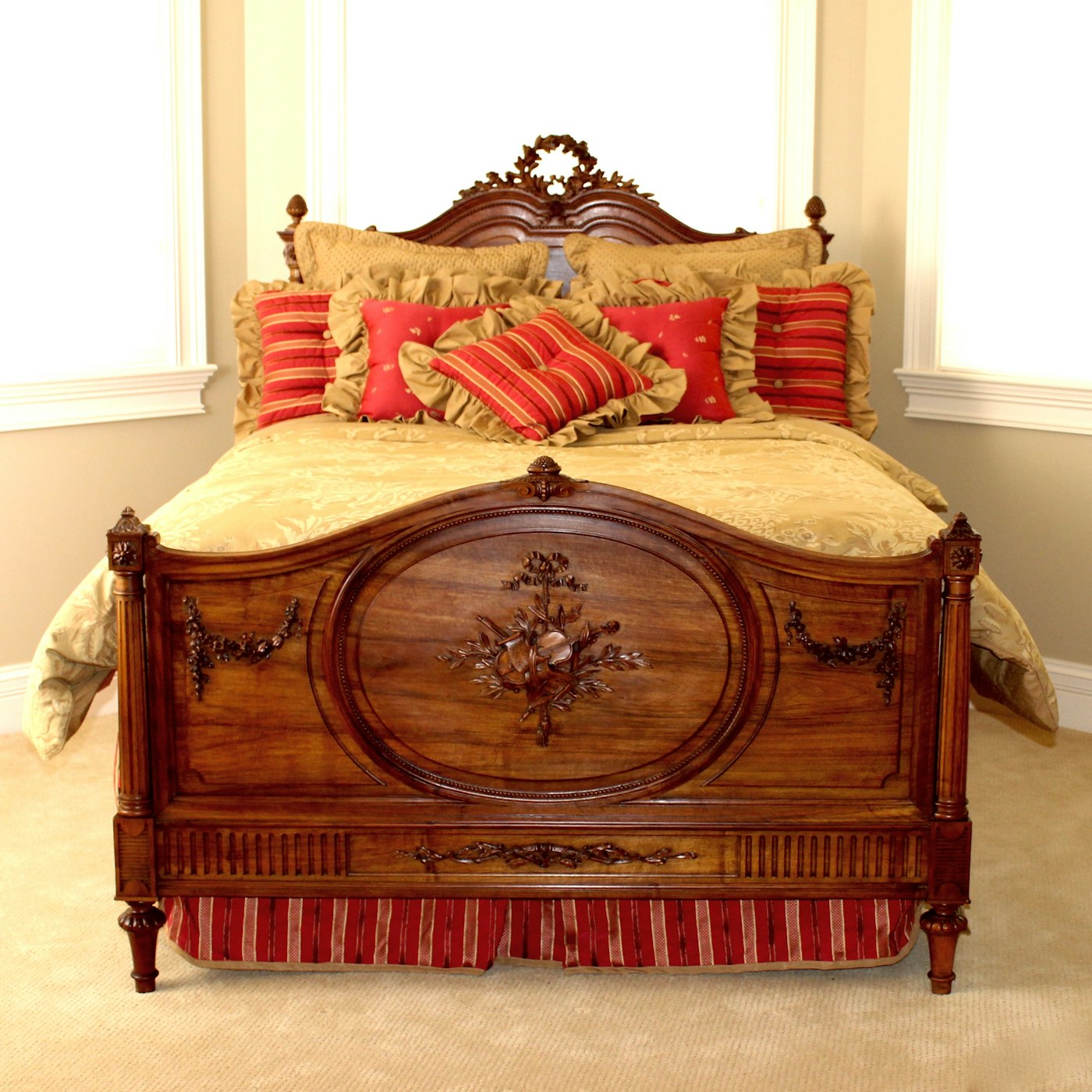 Antique French Louis XVI-Style Bed Frame With Queen-Size Mattress Set