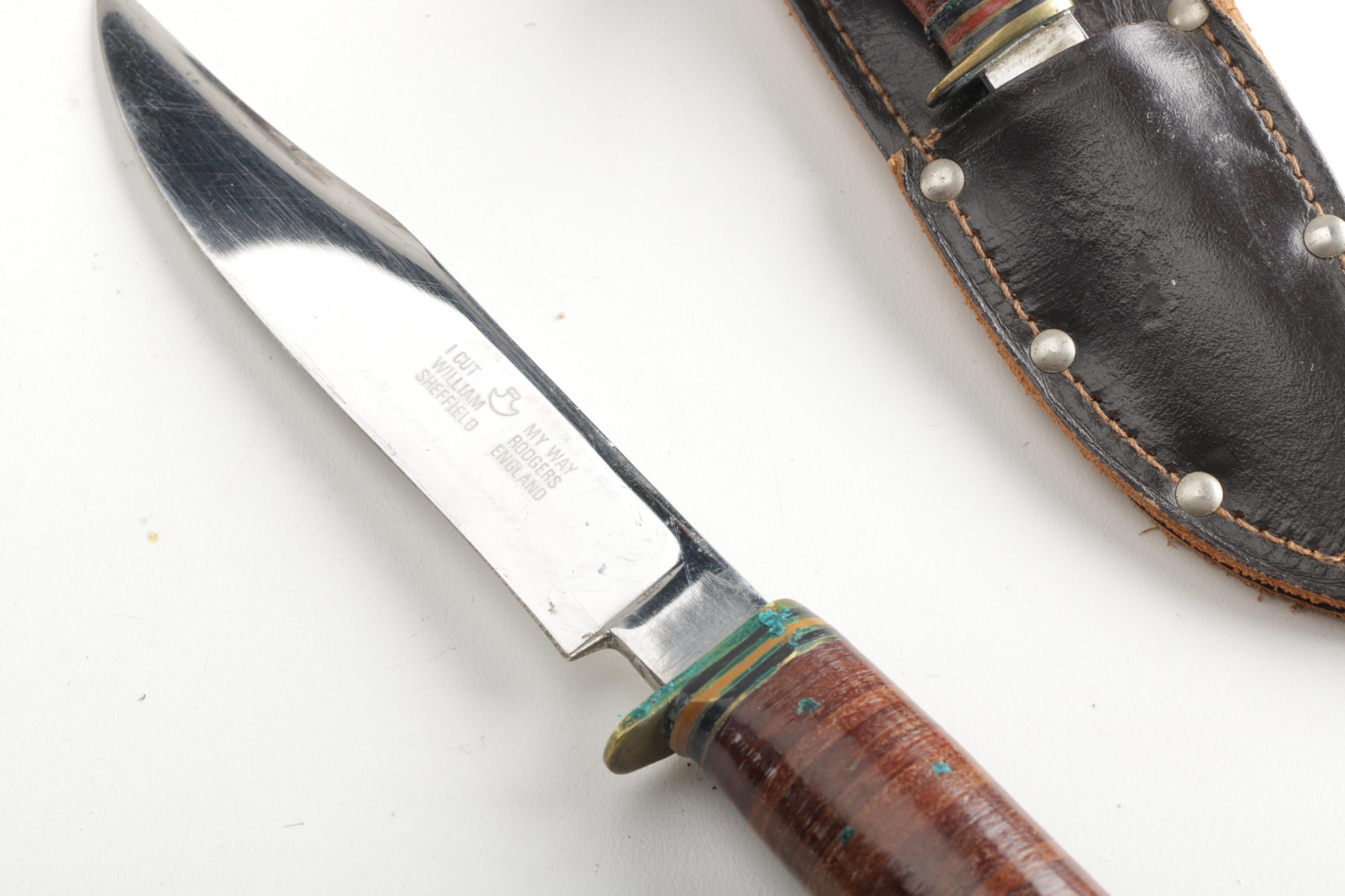 William Rogers Sheffield Fixed Blade Hunting Knives and Leather Sheath