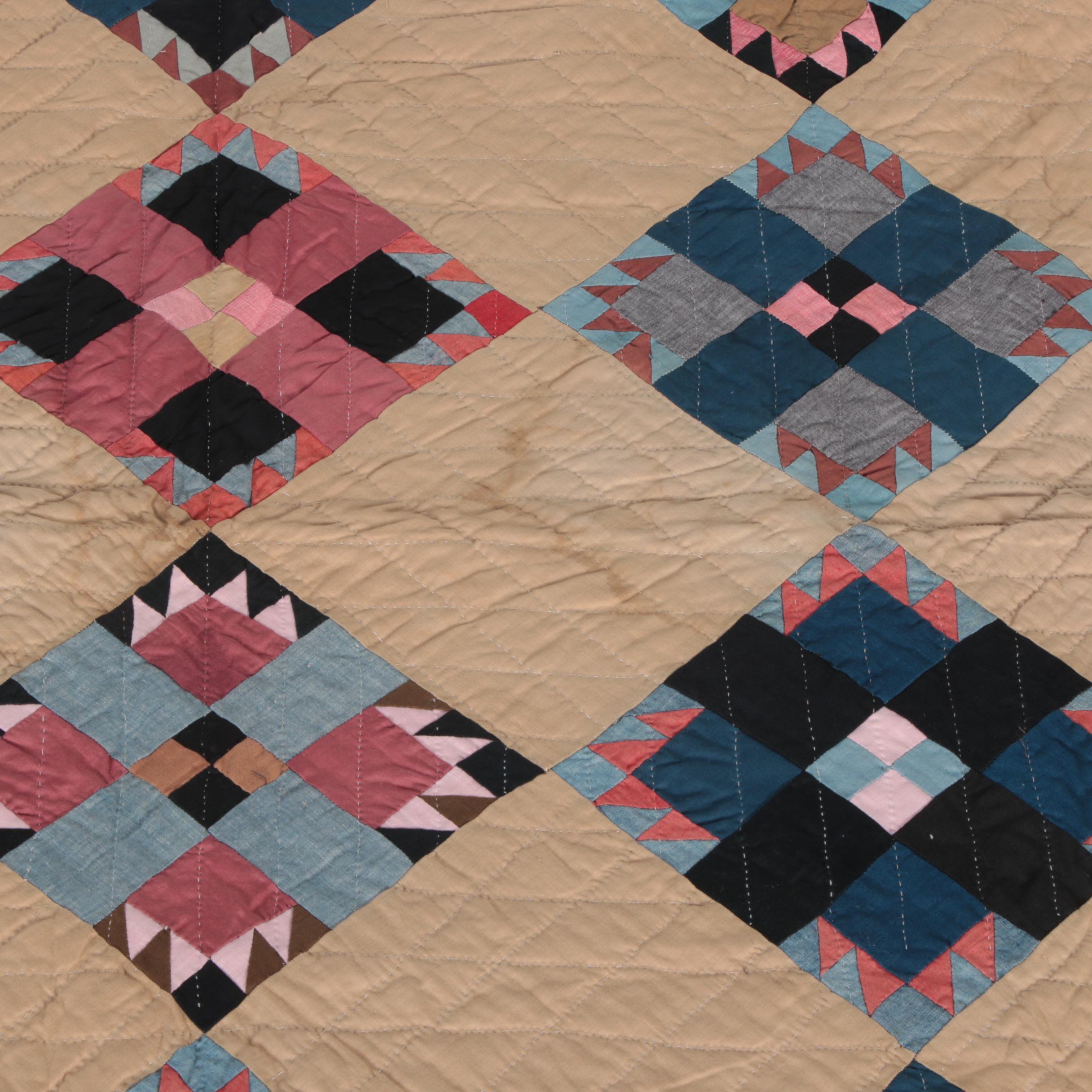 1890s Hand Pieced "New England" Block Quilt EBTH