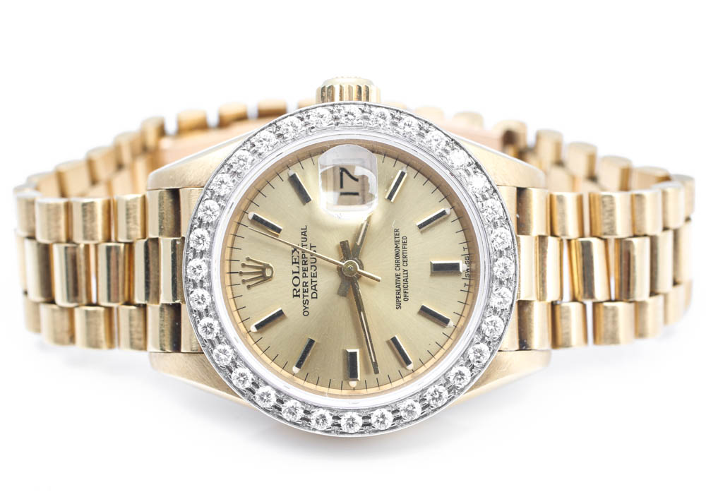 Rolex Oyster Perpetual Datejust 18K Yellow Gold and Diamond Wristwatch