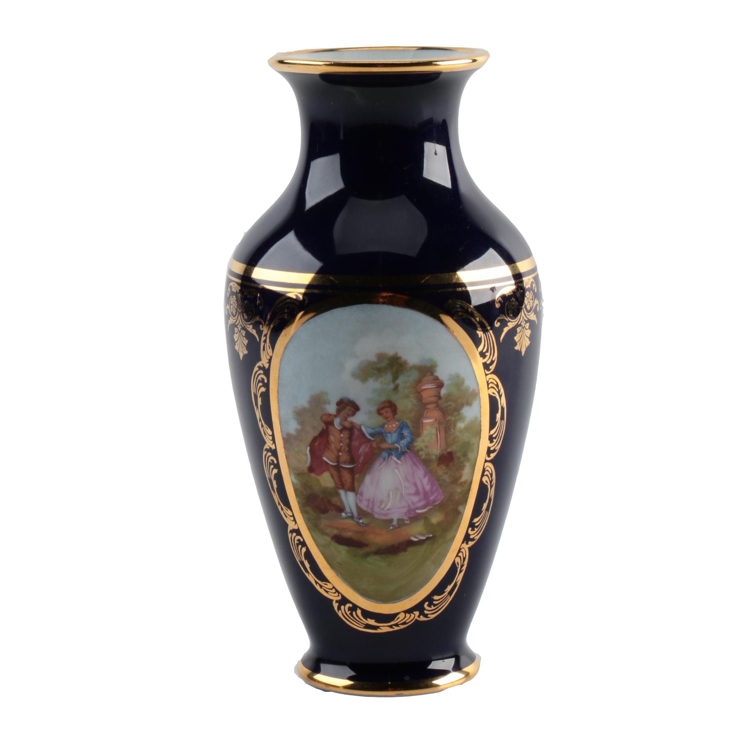 French Limoges Hand Painted Cobalt Blue Porcelain Vase Ebth