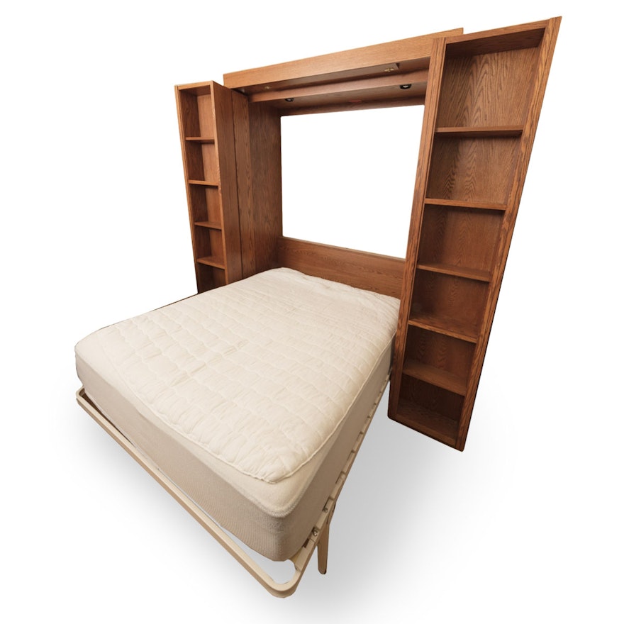 Queen Size Murphy Bed in Oak Bookcase Cabinet | EBTH