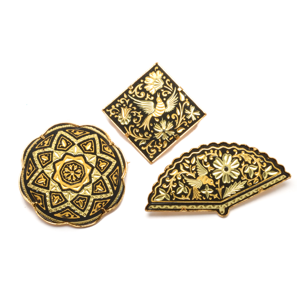 Three Spanish Damascene Gold Plated Brooches EBTH