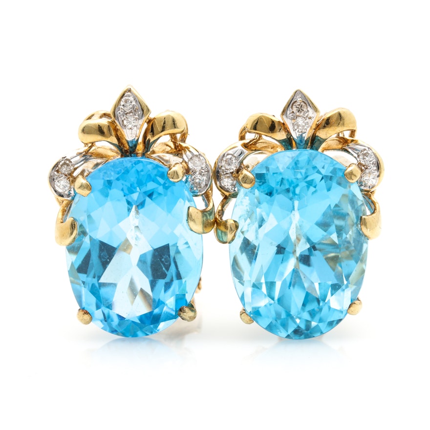 14k Yellow Gold Blue Topaz And Diamond Earrings 14k Yellow Gold Blue Topaz And Diamond Earrings