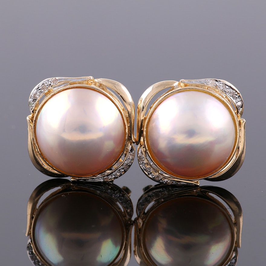 14K Yellow Gold Mabé Pearl and Diamond Earrings | EBTH