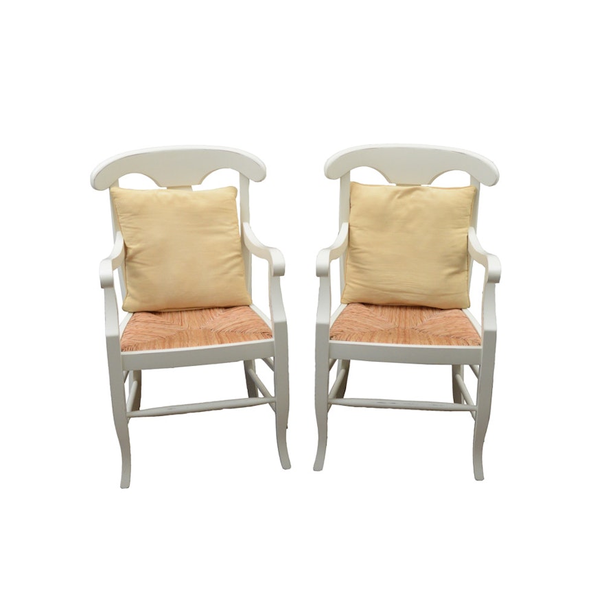 Pair Of Pottery Barn Napoleon Arm Chairs With Pillows Ebth