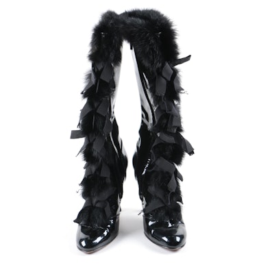 Louis Vuitton Black Fur Trimmed Patent Leather Heeled Boots