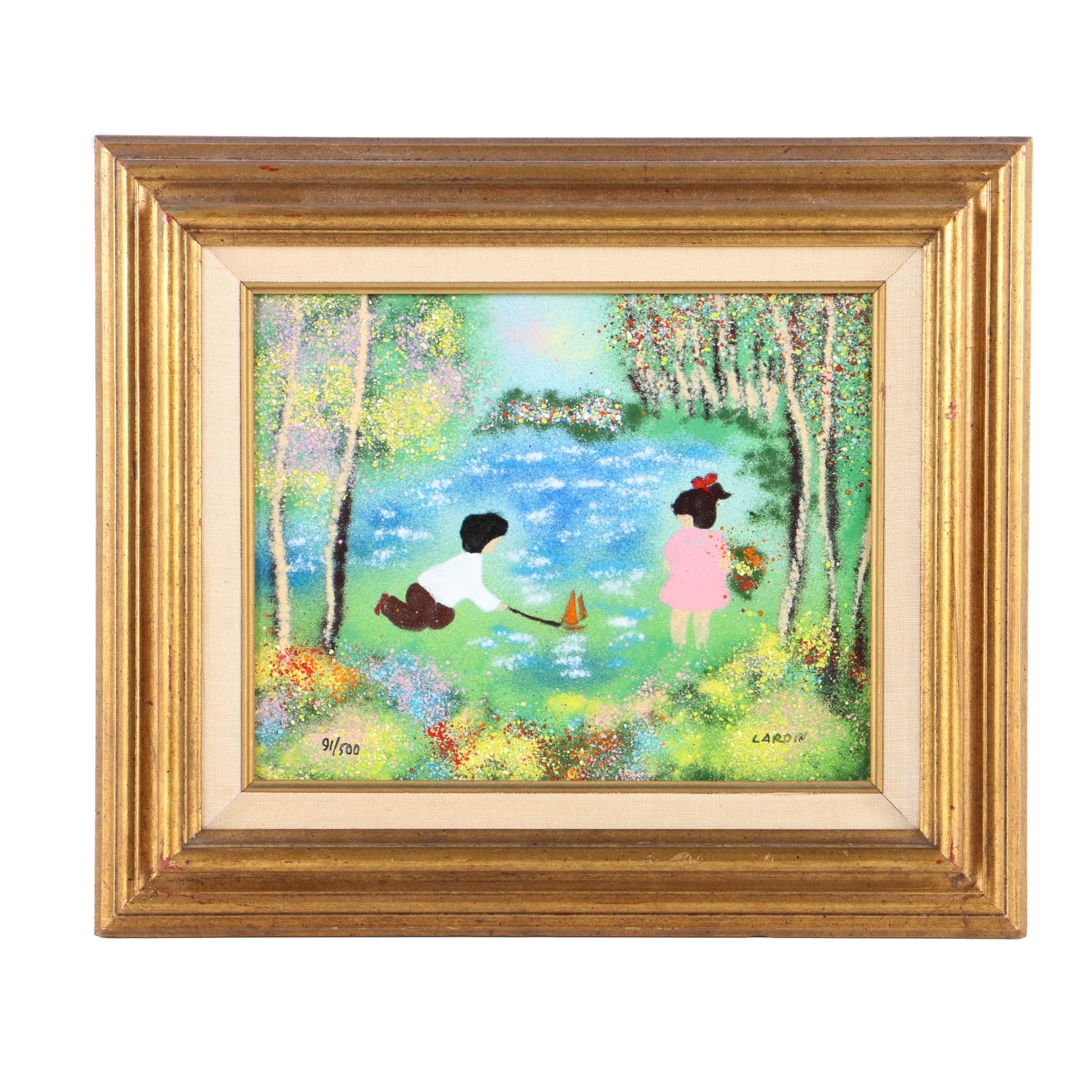 Louis Cardin Enamel Painting On Copper Les Enfants Avec Le Bateau