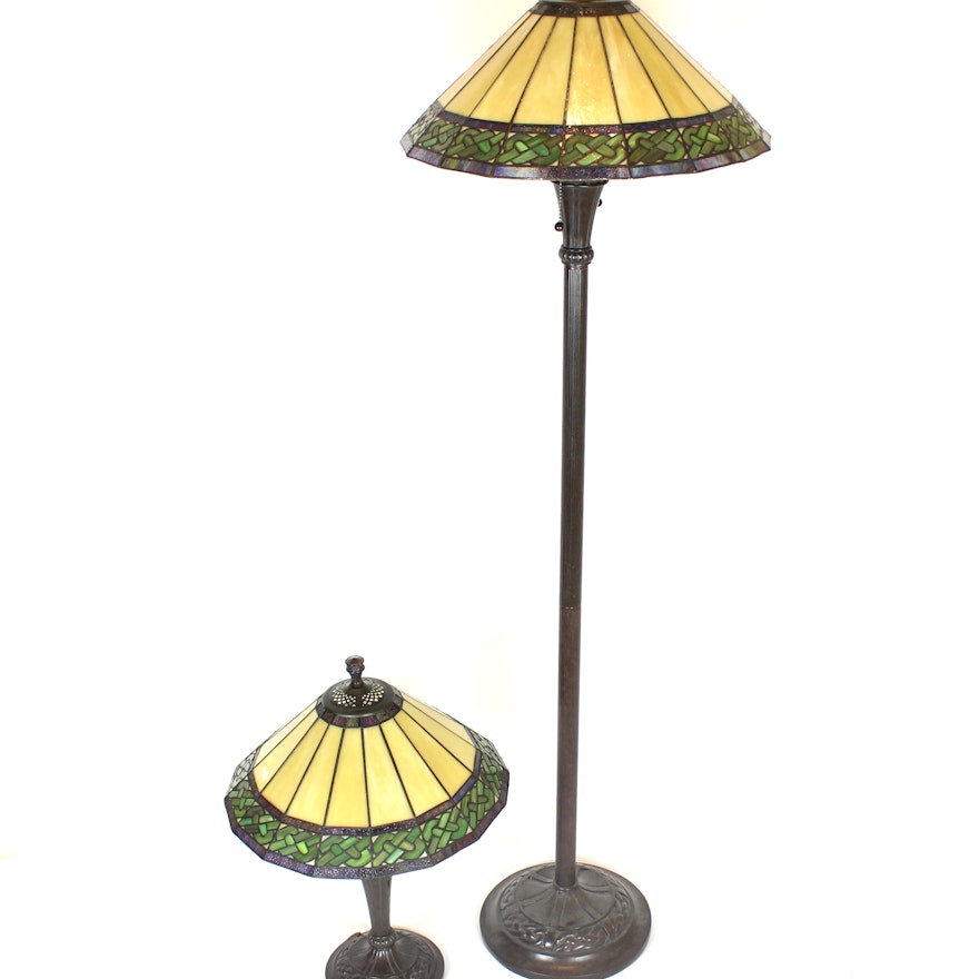 Matching Table And Floor Lamps With Tiffany Style Shades Ebth Matching Table And Floor Lamps With Tiffany Style Shades