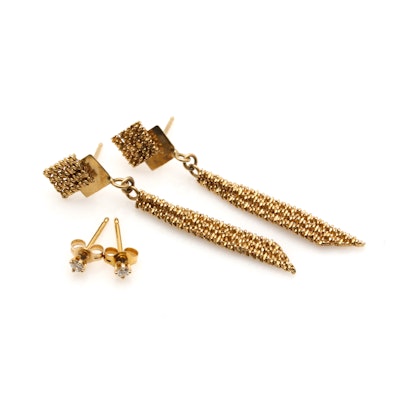 14K Yellow Gold Diamond Stud Earrings and Geometric Drop Earrings 14K Yellow Gold Diamond Stud Earrings and Geometric Drop Earrings