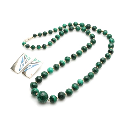 Malachite Beaded Necklace and Chip Inlay Earrings