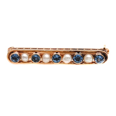 Vintage 14K Yellow Gold Sapphire and Seed Pearl Bar Brooch
