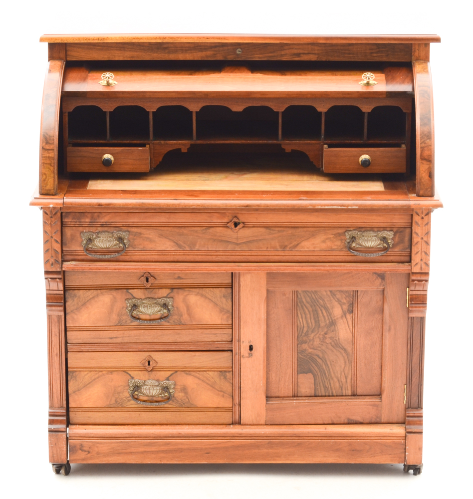 Antique Victorian Eastlake Style Burled Walnut RollTop Secretary Desk