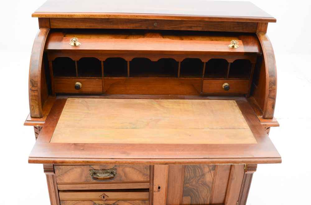 Antique Victorian Eastlake Style Burled Walnut RollTop Secretary Desk