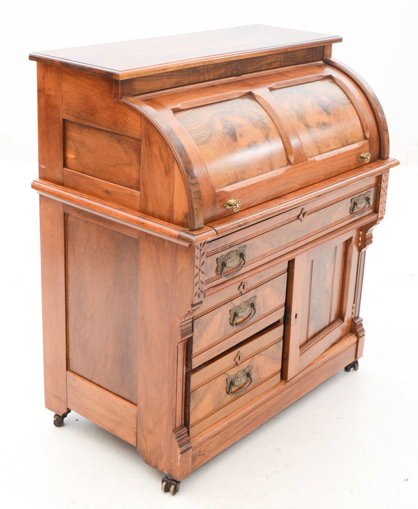 Antique Victorian Eastlake Style Burled Walnut RollTop Secretary Desk