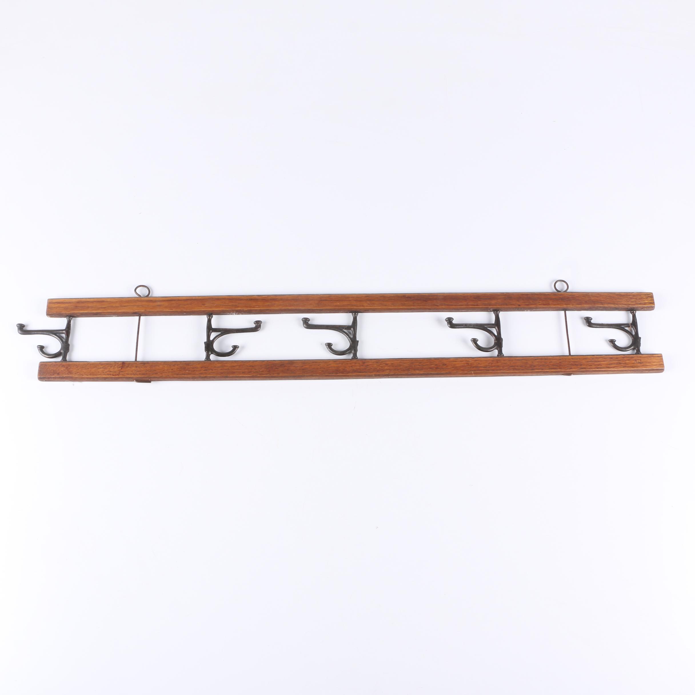 Arts and Crafts Style Oak and Wrought Iron Wall Coat Rack EBTH