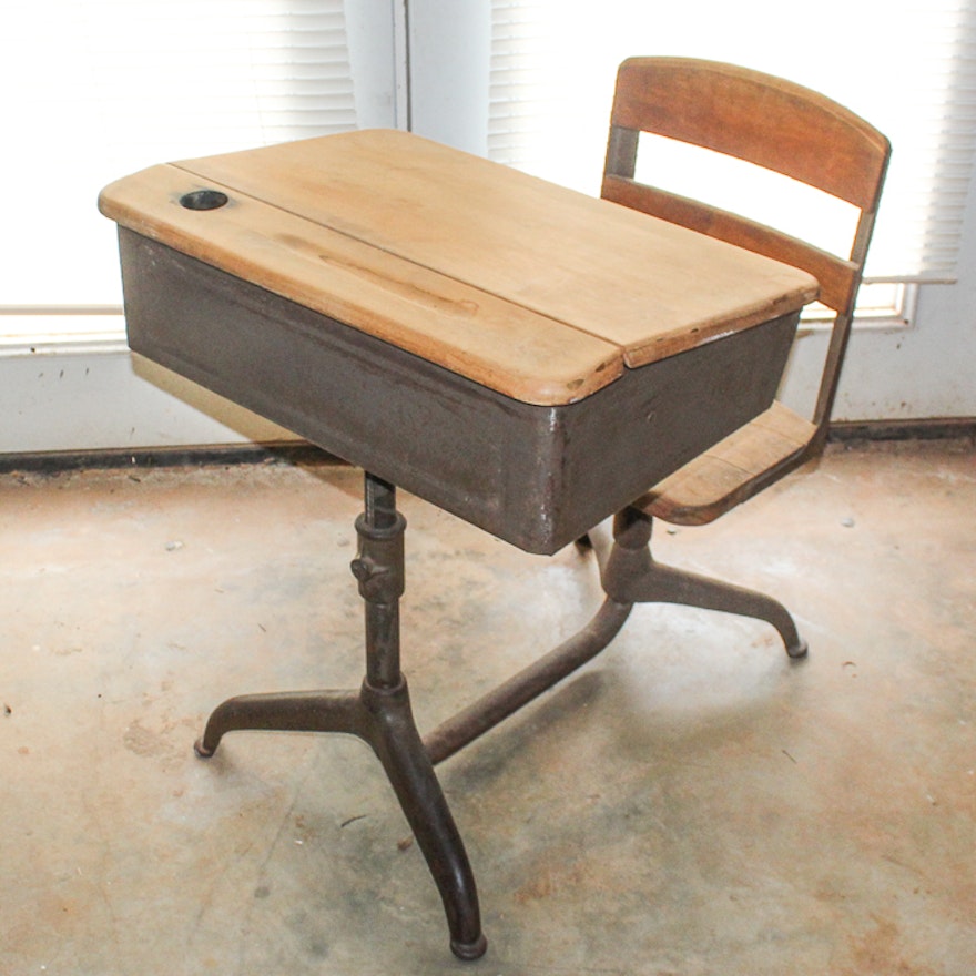 1950s Industrial School Desk With Swivel Chair Ebth