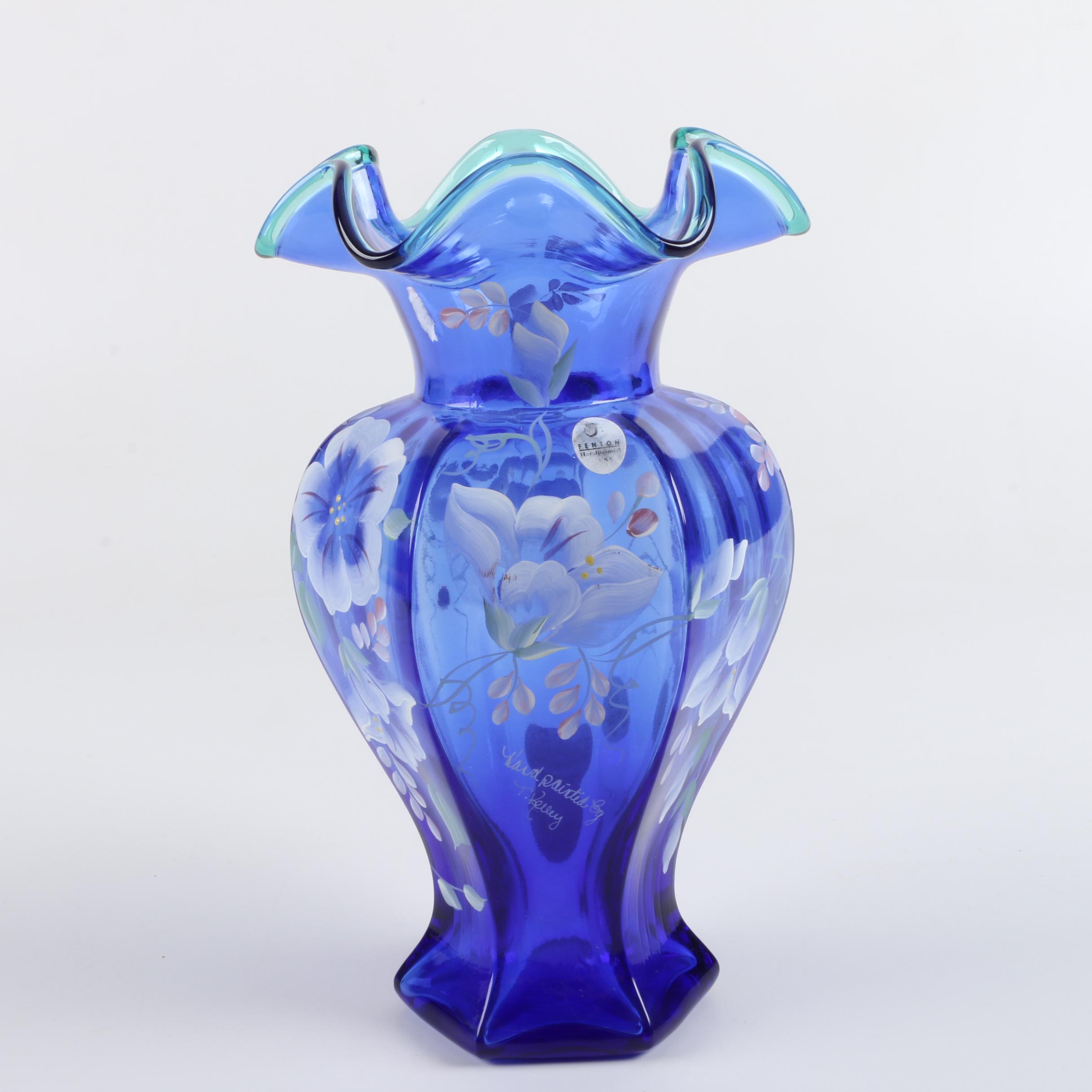 HandPainted Cobalt Blue Fenton Glass Vase EBTH