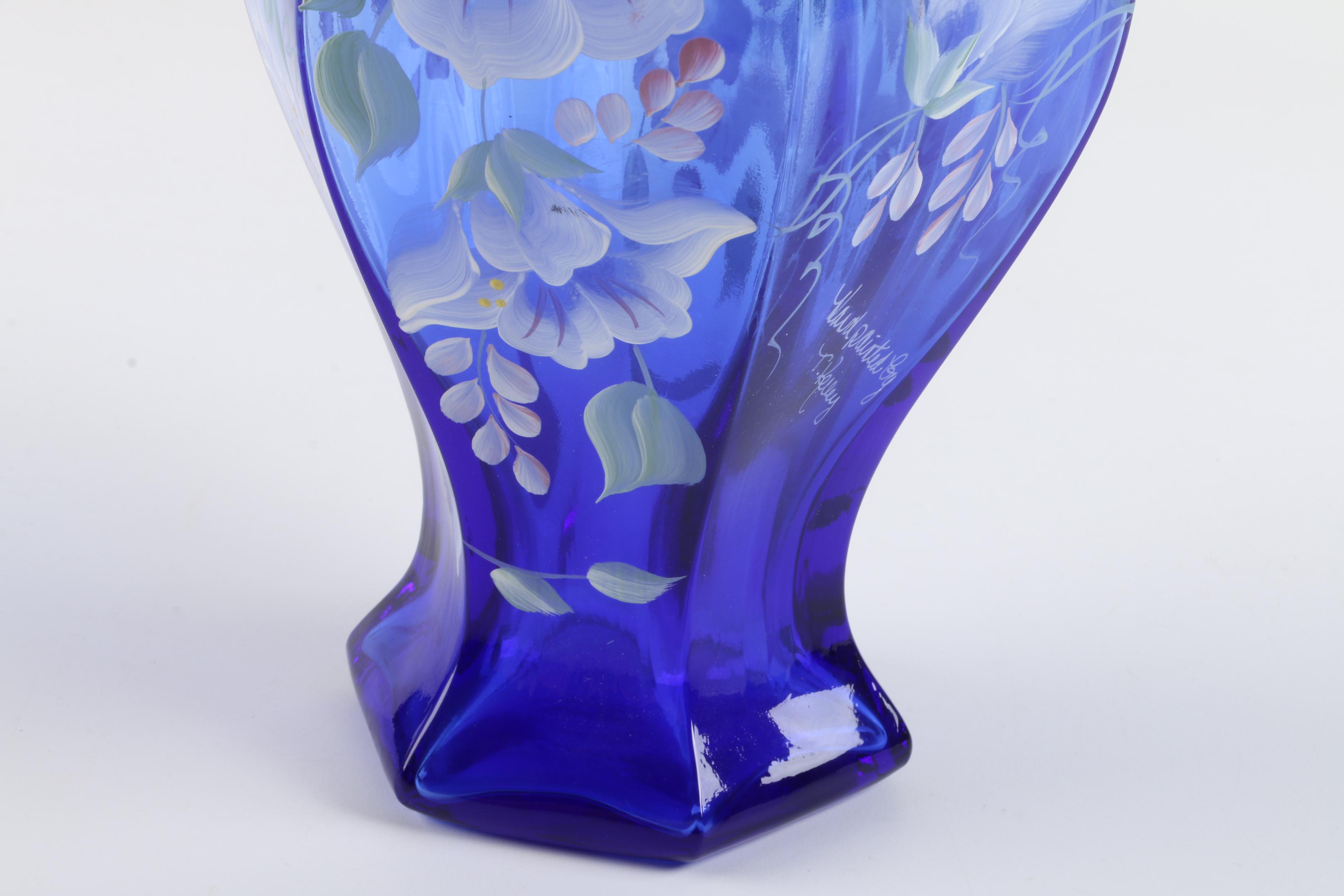 HandPainted Cobalt Blue Fenton Glass Vase EBTH
