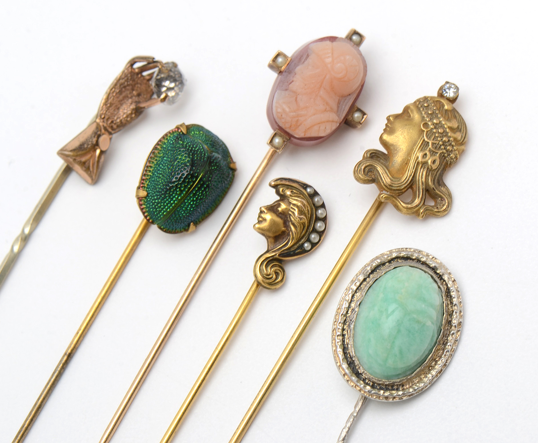 Assortment of Vintage and Antique Stick Pins Including 14K Gold EBTH