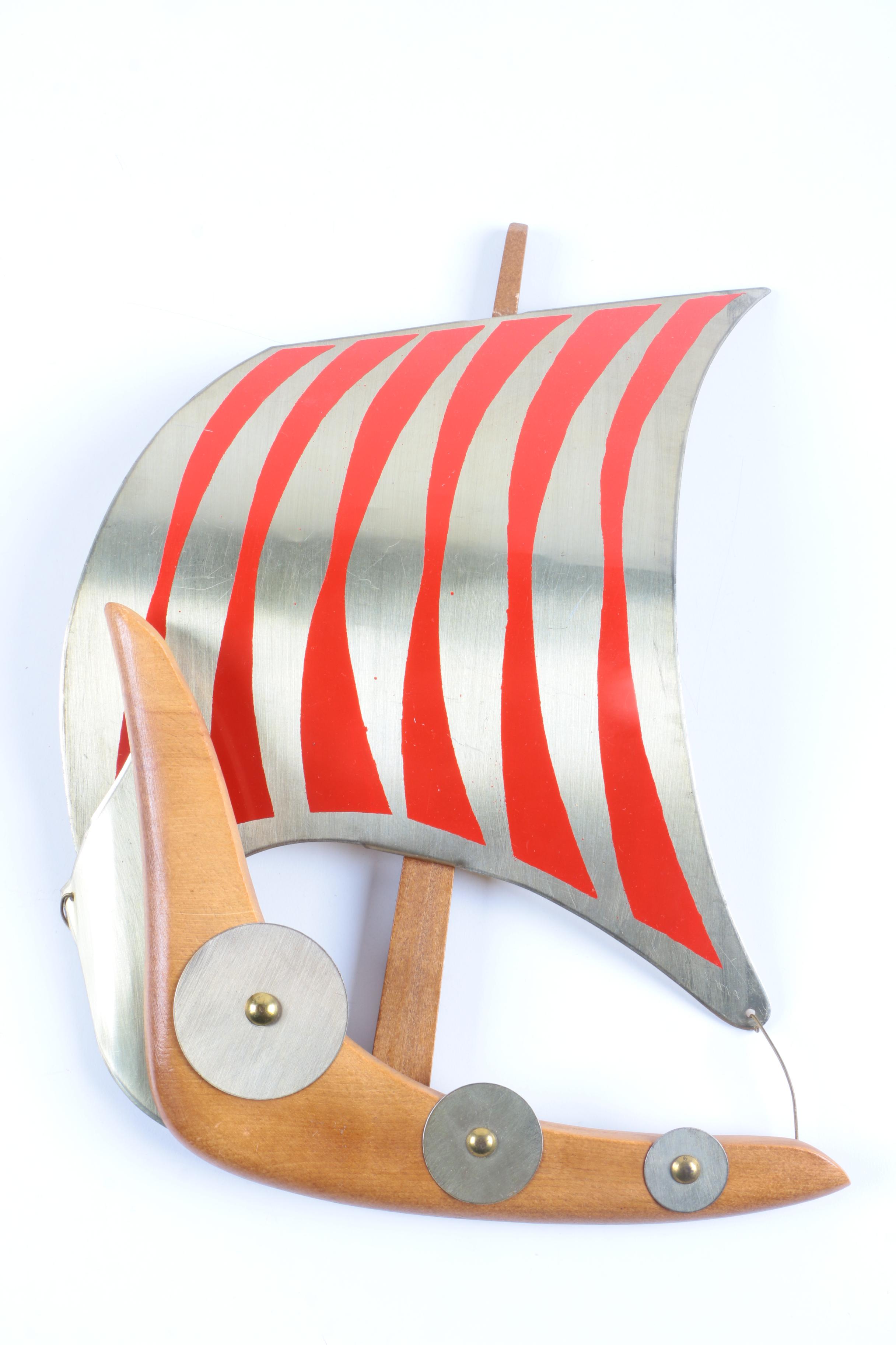 Danish Mid Century Modern Wood and Metal Viking Style Ship Wall