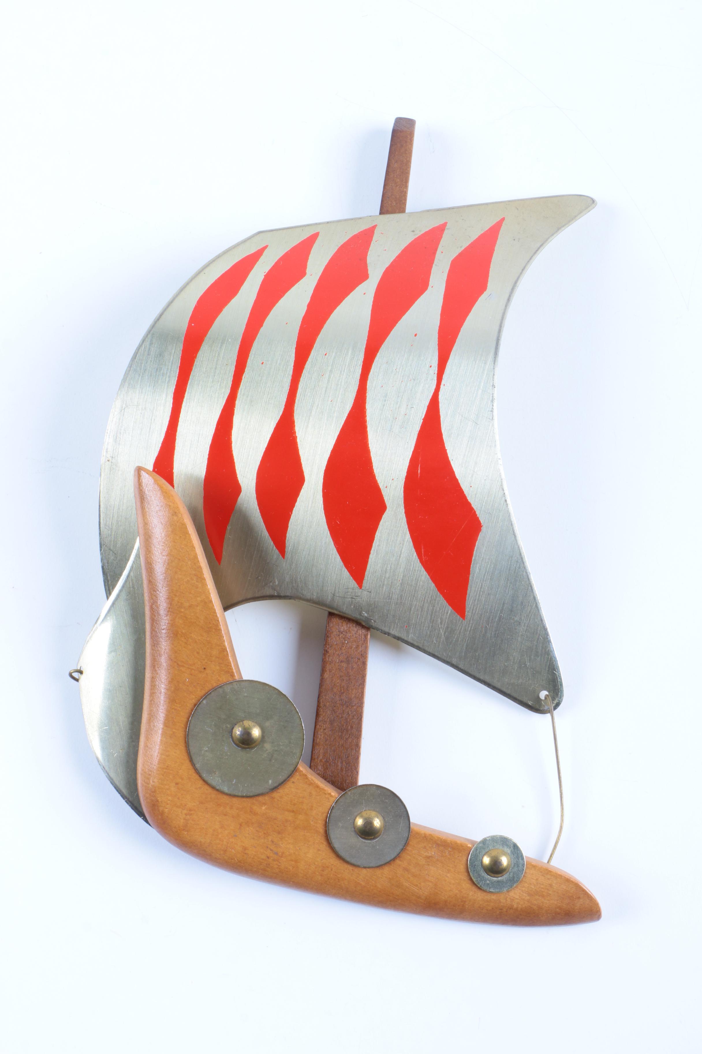 Danish Mid Century Modern Wood and Metal Viking Style Ship Wall