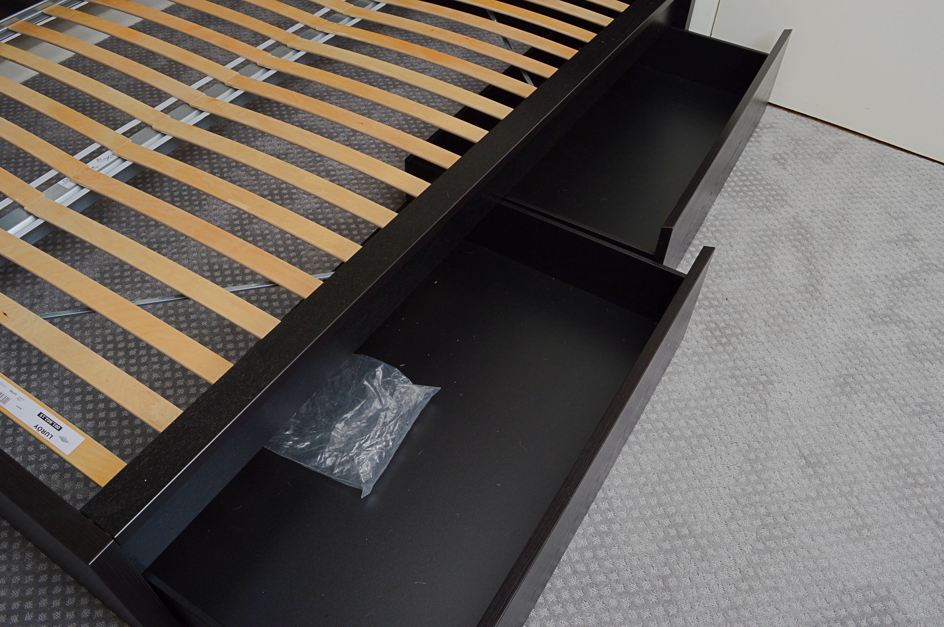 Ikea "Luroy" Queen Bed Frame with Storage and Bedding Ensemble EBTH