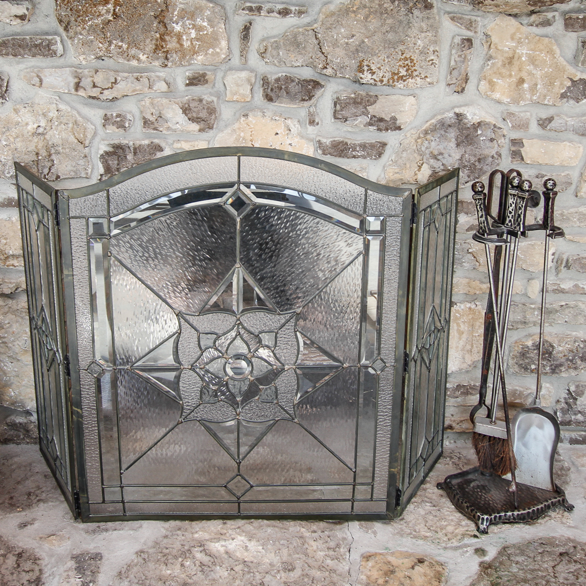 Leaded Glass Fireplace Screen And Tools Ebth